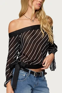 Edikted Diagonal Striped Off Shoulder Chiffon Top