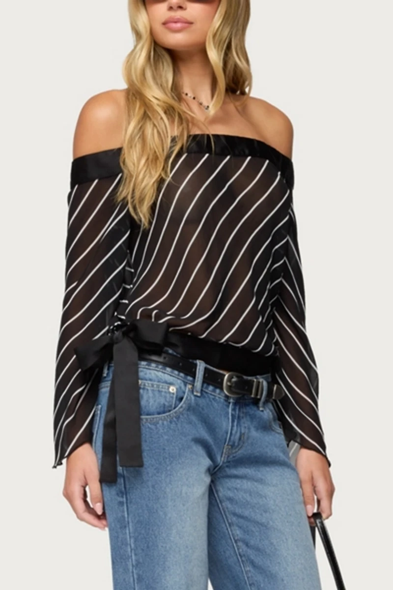 Edikted Diagonal Striped Off Shoulder Chiffon Top