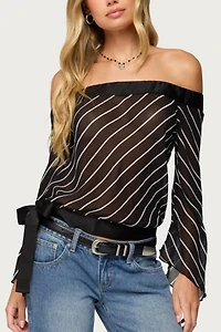 Edikted Diagonal Striped Off Shoulder Chiffon Top