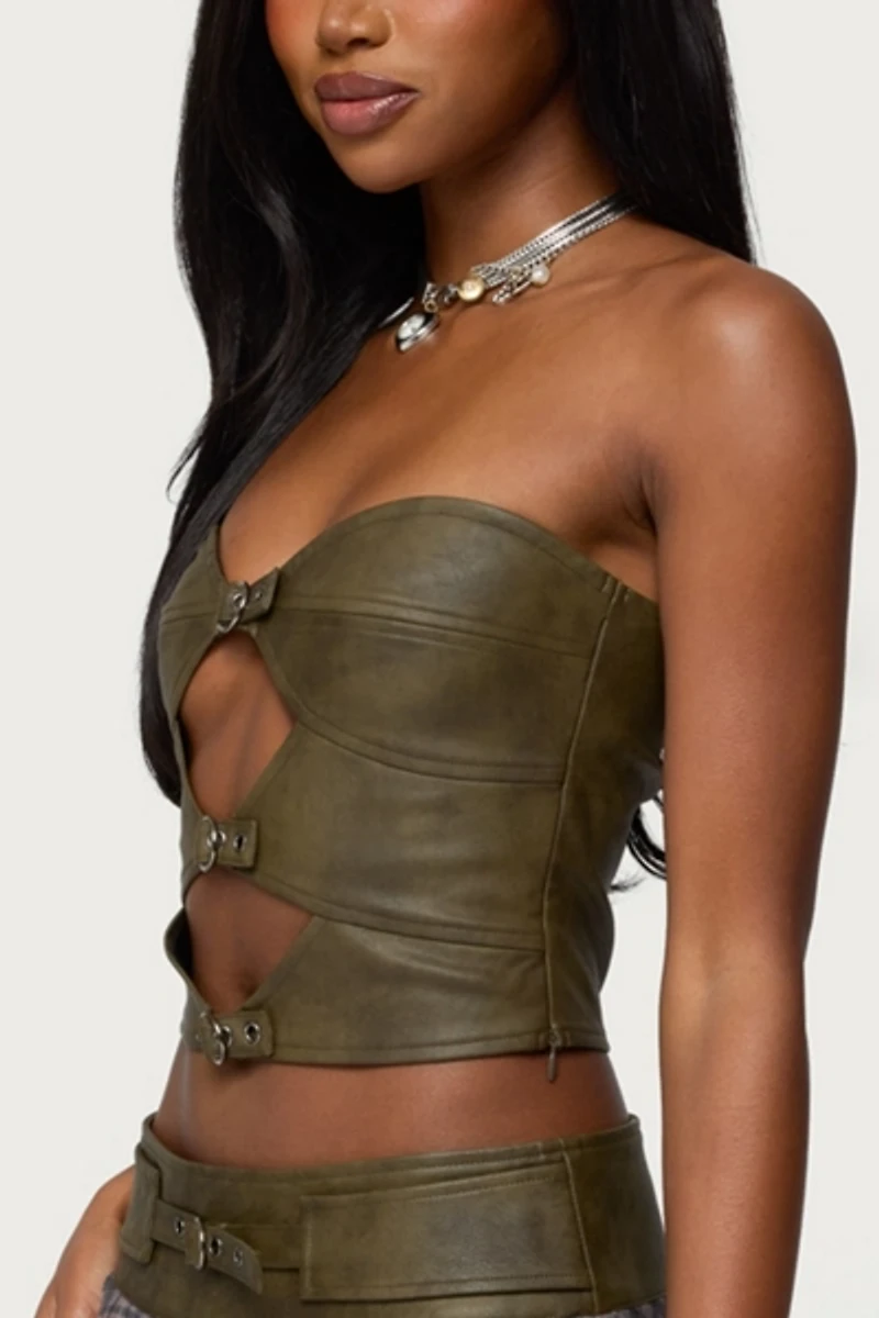 Edikted Varley Buckle Cutout Faux Leather Top