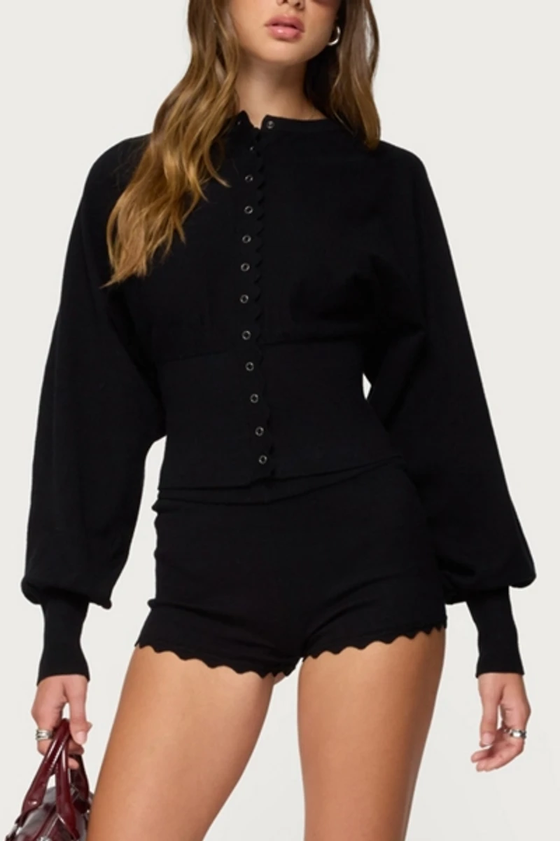 Edikted Maizy Puff Sleeve Scalloped Knit Cardigan