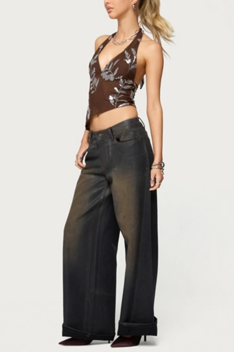 Edikted Sequin Asymmetric Mesh Halter Top