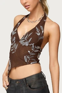 Edikted Sequin Asymmetric Mesh Halter Top