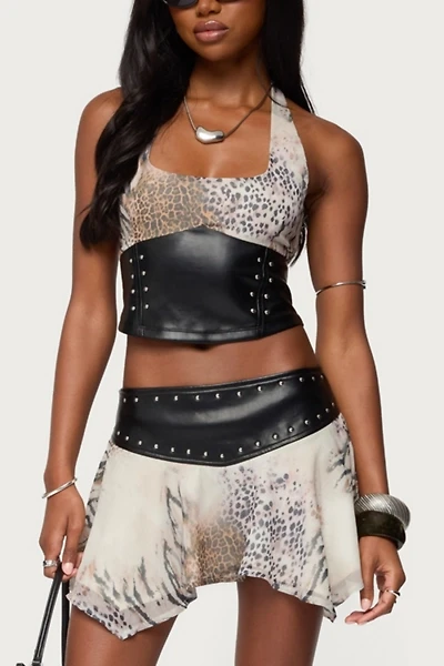 Edikted Letta Printed Chiffon Faux Leather Top