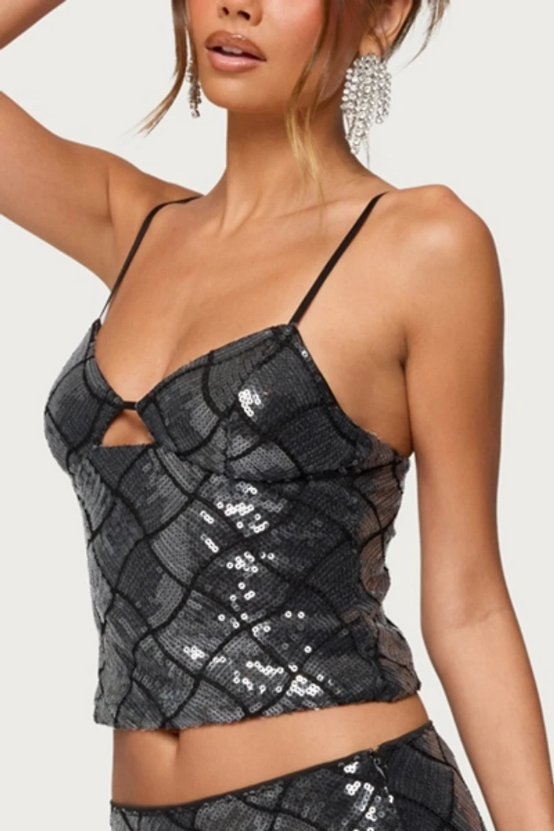 Edikted Stajie Diamond Sequin Cut Out Top