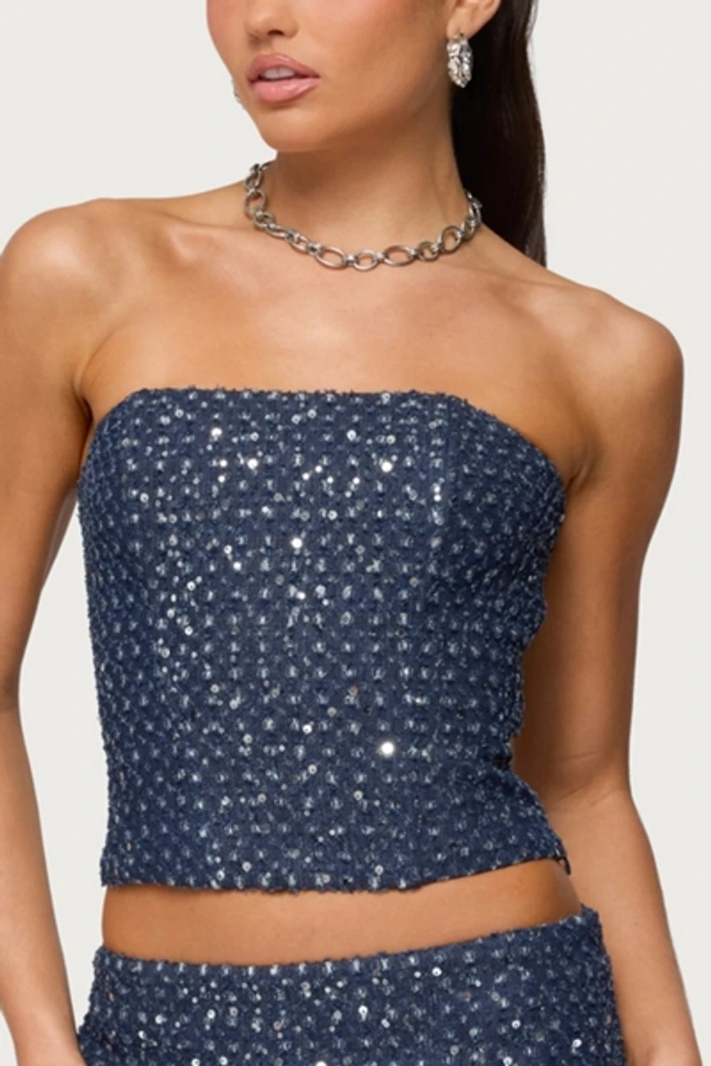 Edikted Sora Sequin Distressed Denim Corset