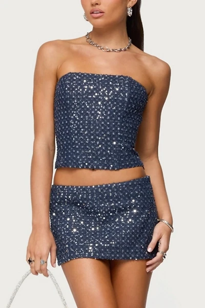 Edikted Sora Sequin Distressed Denim Corset