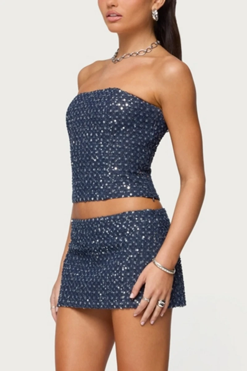Edikted Sora Sequin Denim Mini Skort