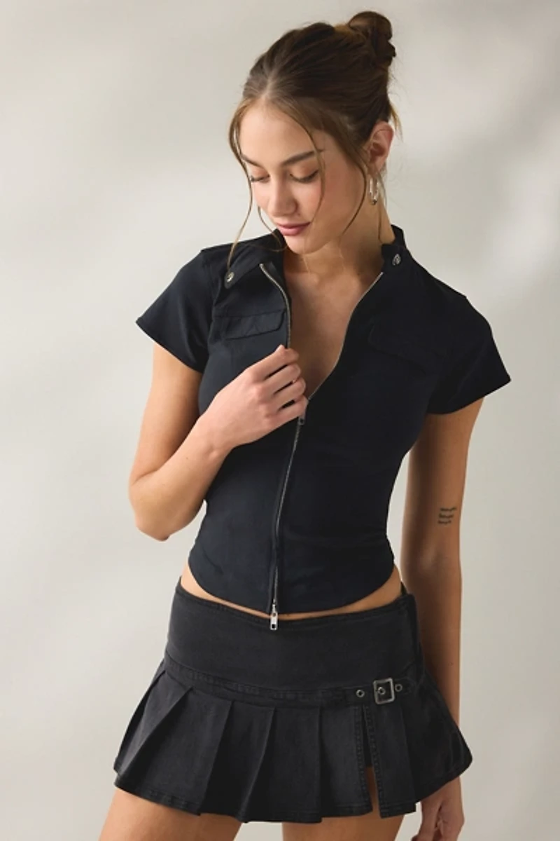 BDG Polly Zip-Front Slim Short Sleeve Shirt Jacket