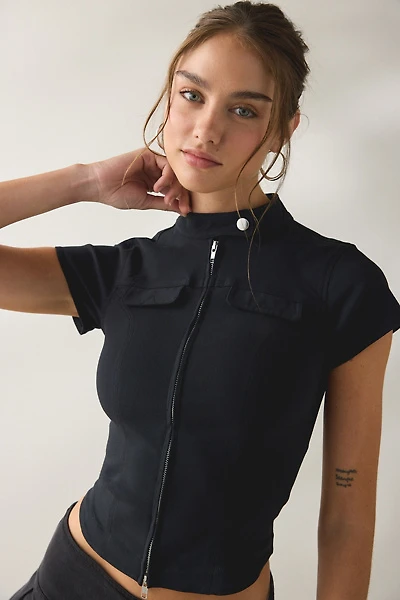 BDG Polly Zip-Front Slim Short Sleeve Shirt Jacket