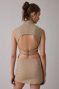 BDG Polly Zip-Front Slim Sleeveless Open-Back Shirt