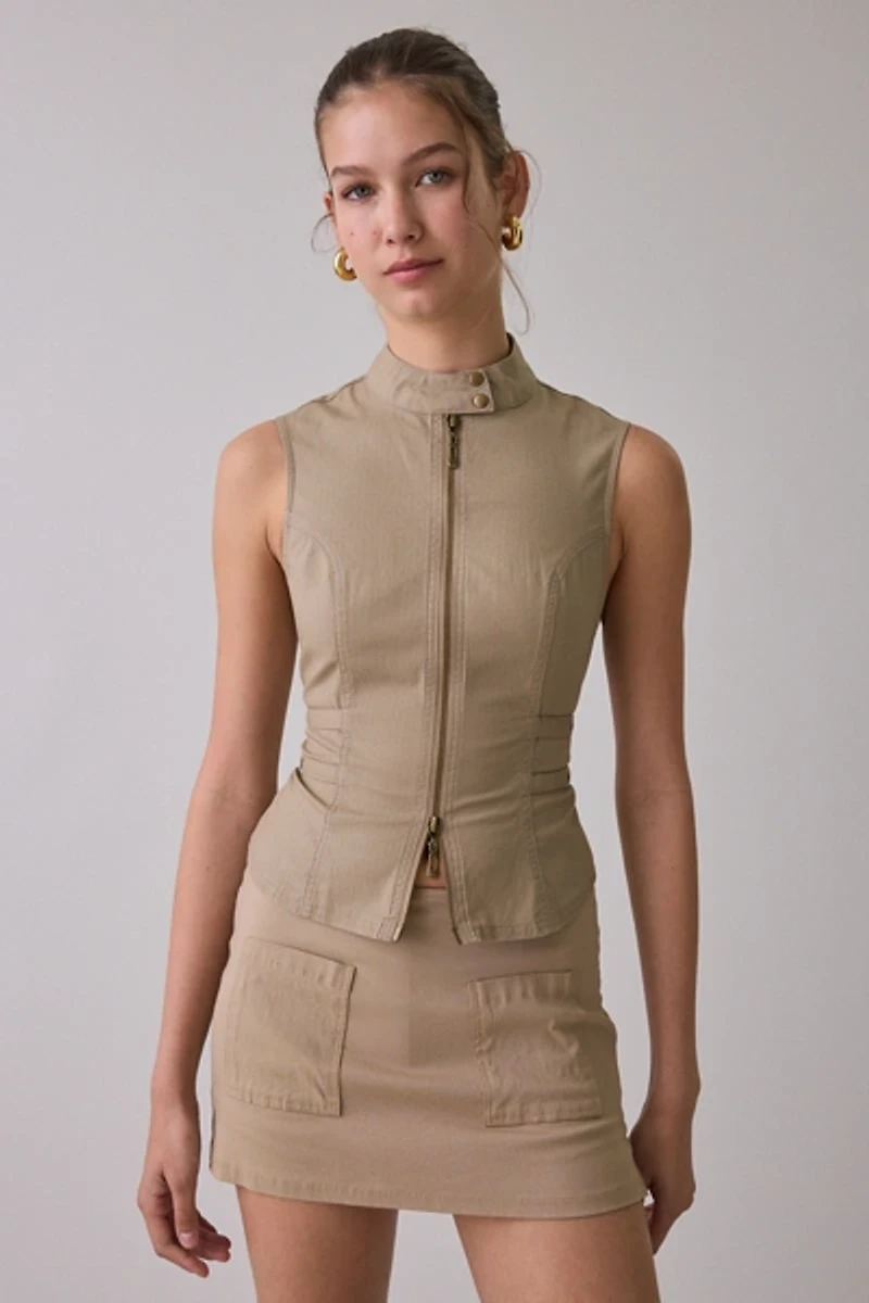 BDG Polly Zip-Front Slim Sleeveless Open-Back Shirt