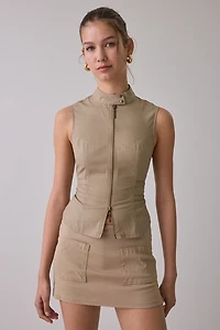 BDG Polly Zip-Front Slim Sleeveless Open-Back Shirt
