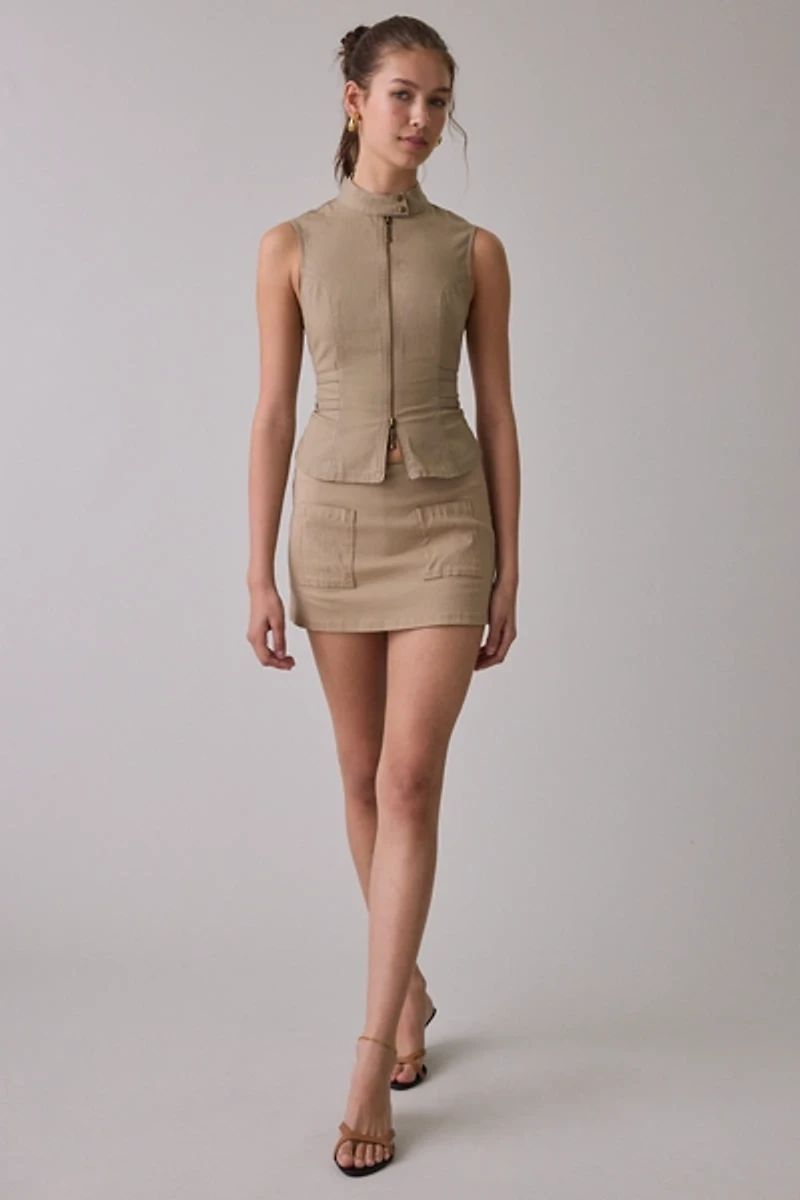 BDG Polly Zip-Front Slim Sleeveless Open-Back Shirt