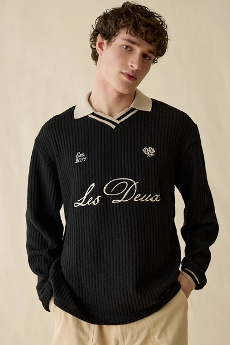 Les Deux Logo Waffle Knit Polo Sweater