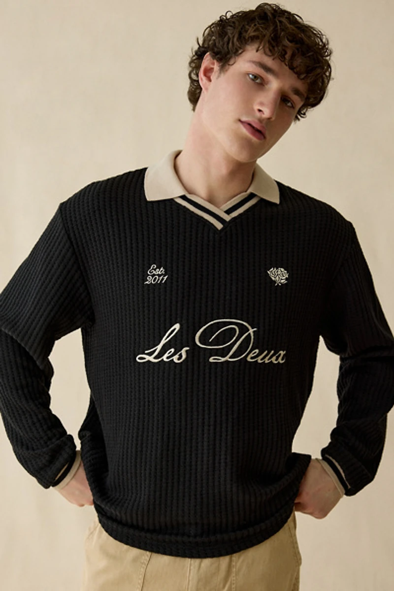 Les Deux Logo Waffle Knit Polo Sweater
