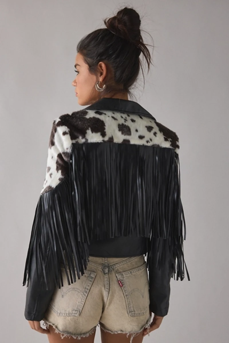Azalea Wang Olandria Cow Print Faux Leather Fringe Jacket