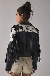 Azalea Wang Olandria Cow Print Faux Leather Fringe Jacket
