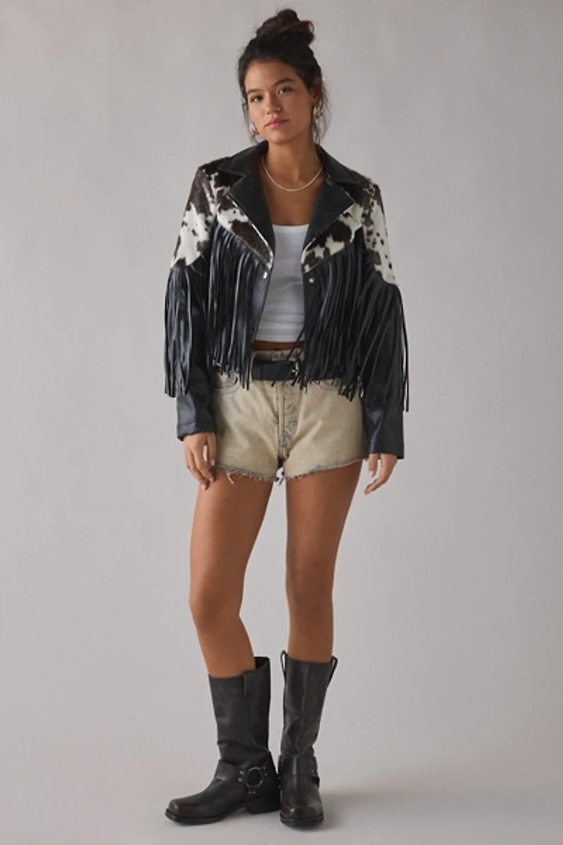 Azalea Wang Olandria Cow Print Faux Leather Fringe Jacket