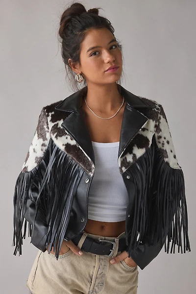 Azalea Wang Olandria Cow Print Faux Leather Fringe Jacket
