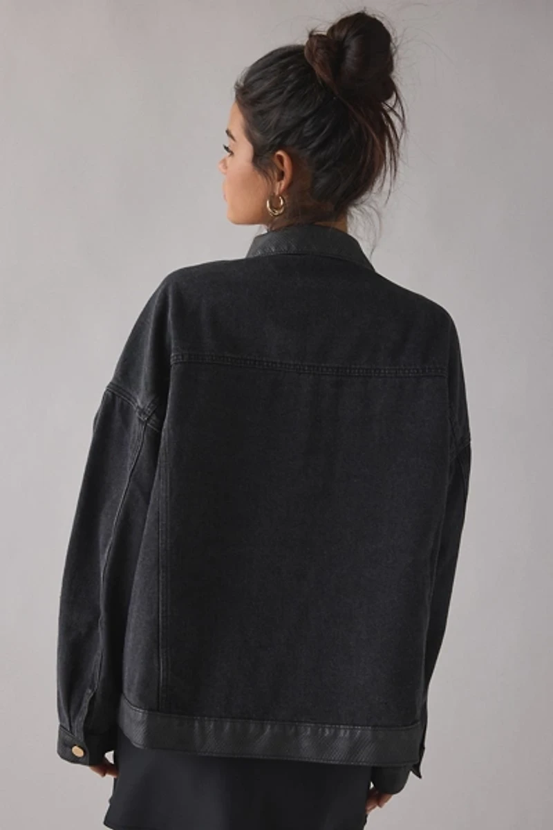 Azalea Wang Ricki Studded Faux Leather Trim Oversized Denim Jacket