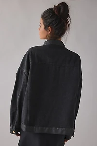 Azalea Wang Ricki Studded Faux Leather Trim Oversized Denim Jacket