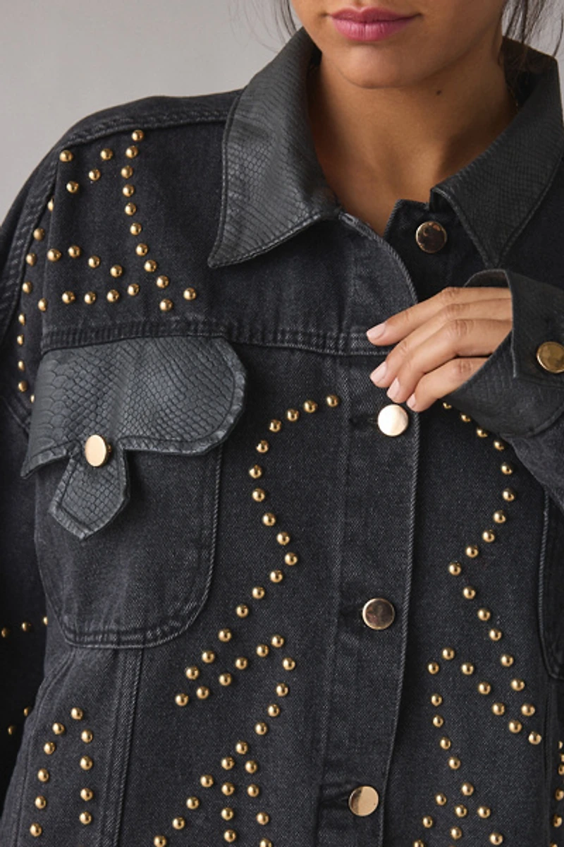 Azalea Wang Ricki Studded Faux Leather Trim Oversized Denim Jacket