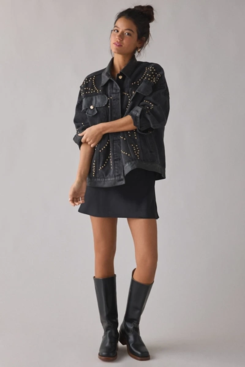 Azalea Wang Ricki Studded Faux Leather Trim Oversized Denim Jacket