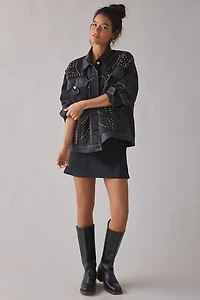 Azalea Wang Ricki Studded Faux Leather Trim Oversized Denim Jacket