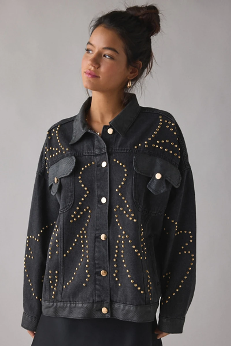 Azalea Wang Ricki Studded Faux Leather Trim Oversized Denim Jacket
