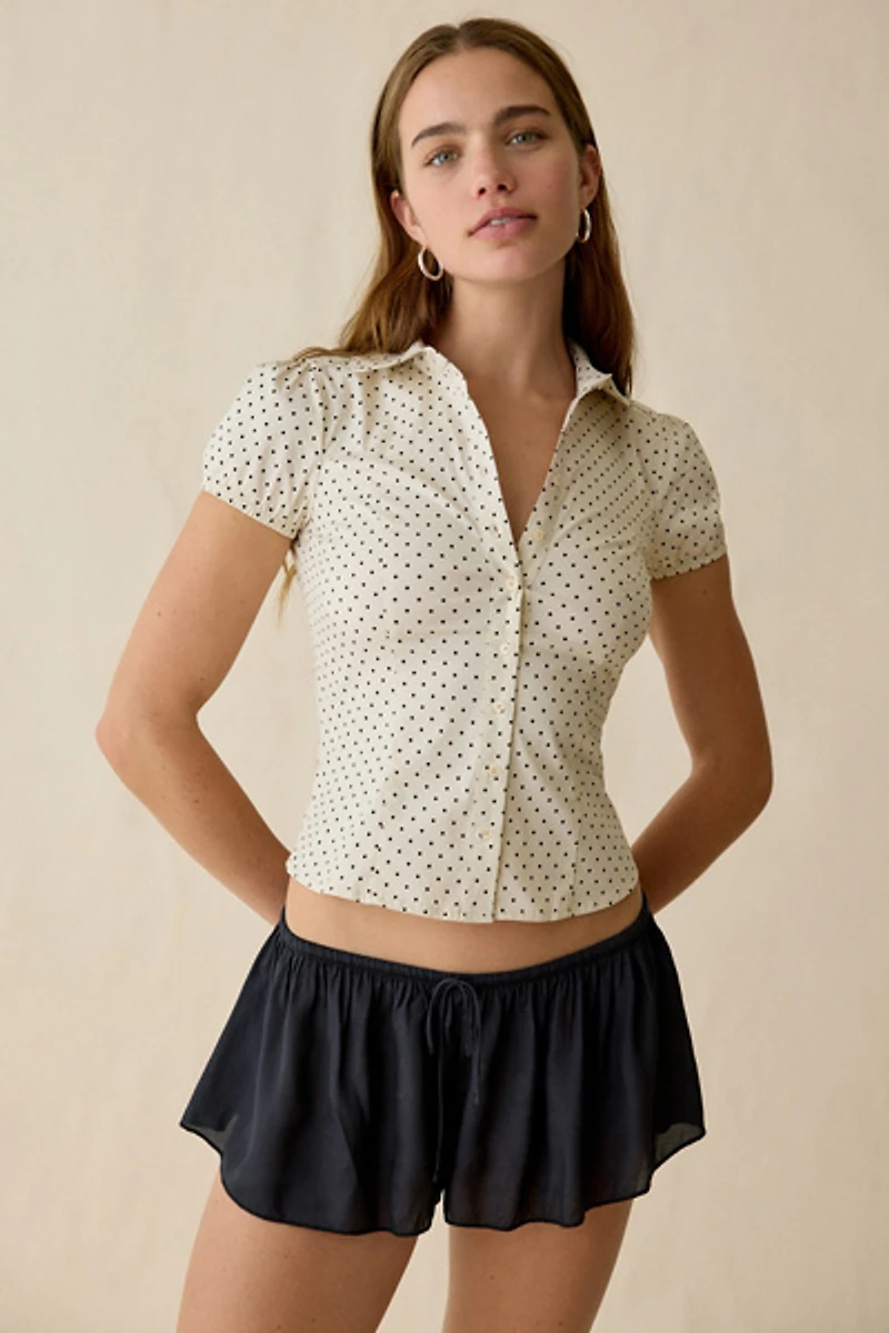 Kimchi Blue Clover Rounded Collar Short Sleeve Button-Down Shirt