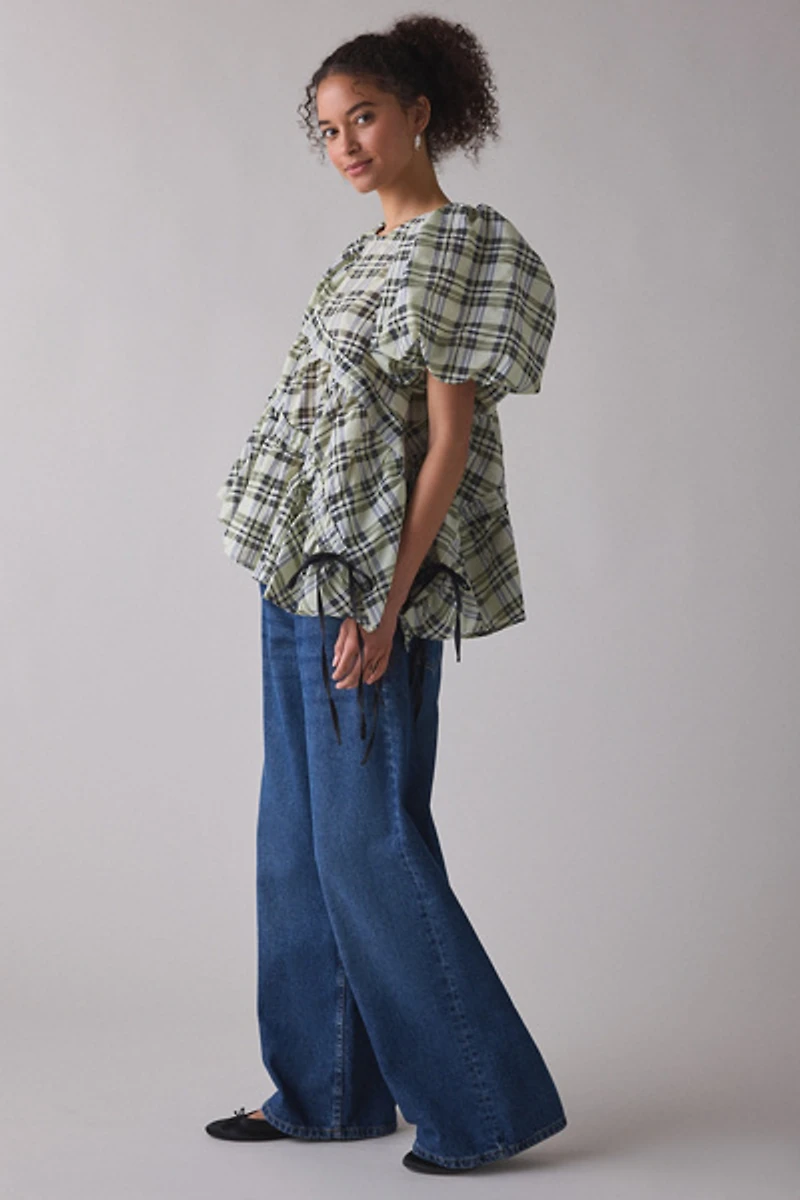 Ghospell Michaela Asymmetric Ruched Puff Sleeve Top