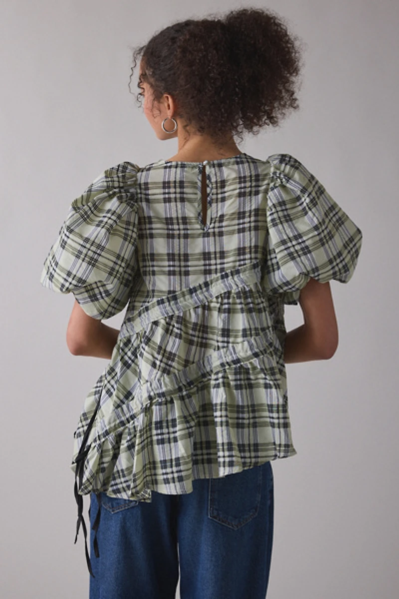 Ghospell Michaela Asymmetric Ruched Puff Sleeve Top