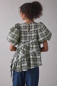 Ghospell Michaela Asymmetric Ruched Puff Sleeve Top