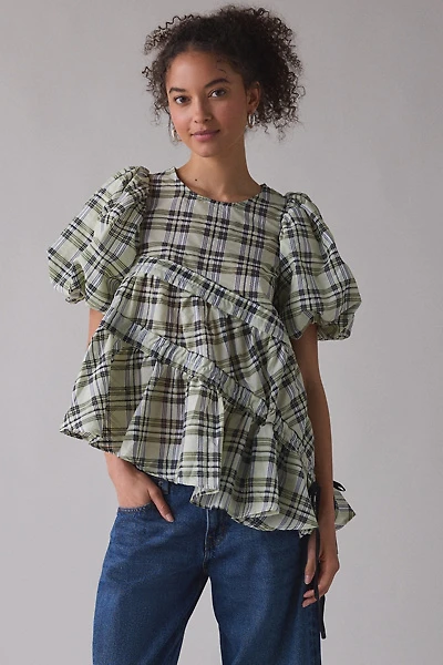 Ghospell Michaela Asymmetric Ruched Puff Sleeve Top