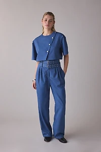 Ghospell Bettie Pinstripe Asymmetric Crop Top