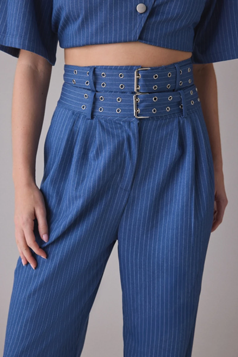 Ghospell Bettie Pinstripe Belted High-Rise Pleated Trouser