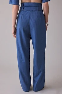 Ghospell Bettie Pinstripe Belted High-Rise Pleated Trouser
