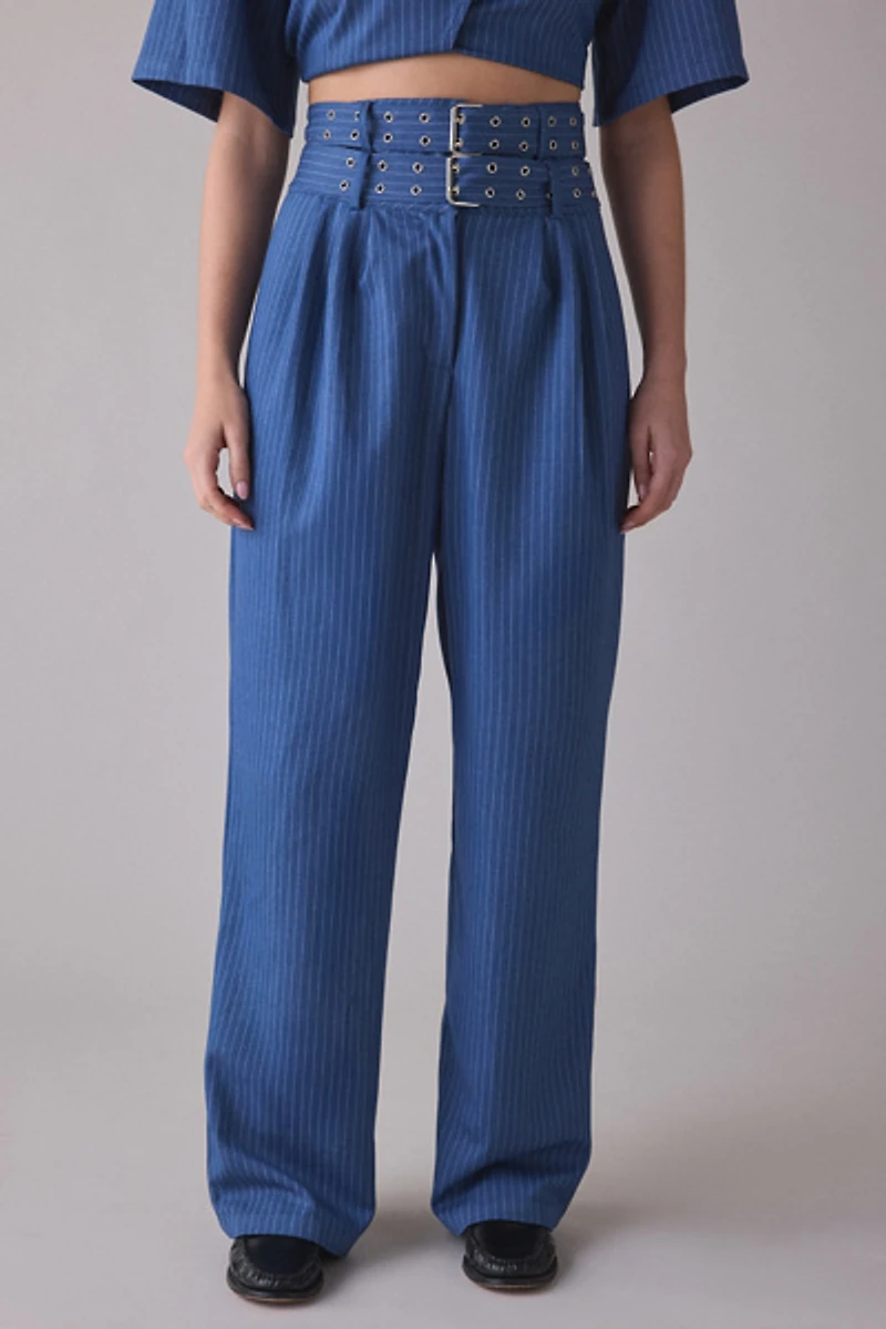 Ghospell Bettie Pinstripe Belted High-Rise Pleated Trouser