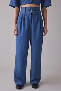 Ghospell Bettie Pinstripe Belted High-Rise Pleated Trouser