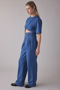 Ghospell Bettie Pinstripe Belted High-Rise Pleated Trouser