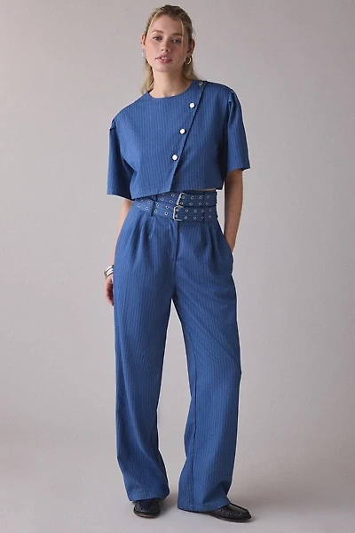 Ghospell Bettie Pinstripe Belted High-Rise Pleated Trouser