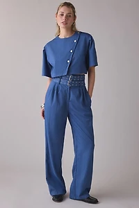 Ghospell Bettie Pinstripe Belted High-Rise Pleated Trouser