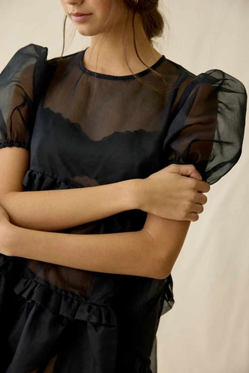 Ghospell Lennie Sheer Asymmetric Ruffle Trapeze Mini Dress