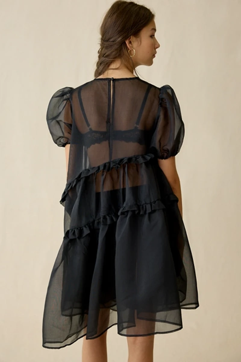 Ghospell Lennie Sheer Asymmetric Ruffle Trapeze Mini Dress