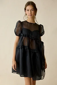 Ghospell Lennie Sheer Asymmetric Ruffle Trapeze Mini Dress