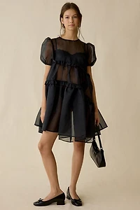 Ghospell Lennie Sheer Asymmetric Ruffle Trapeze Mini Dress