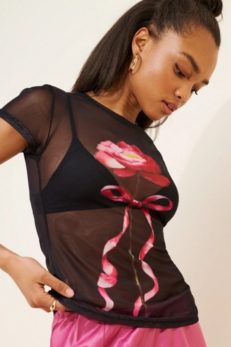 Another Girl Flower Print Mesh Top