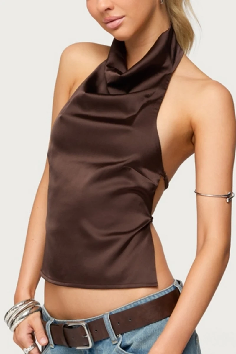 Edikted Satin Effect Backless Cowl Neck Top