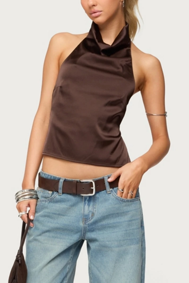 Edikted Satin Effect Backless Cowl Neck Top